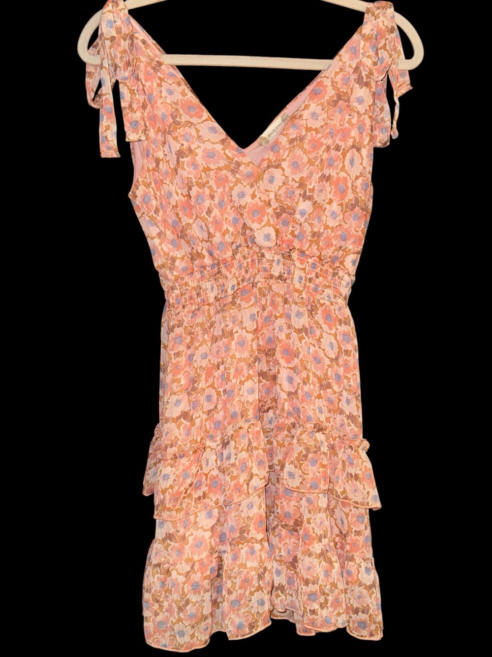 Altar'd State Peach Floral Tie-Shoulder Tiered Ruffle Mini Dress Size Small